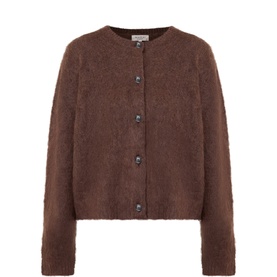 Masai Lavi Brushed Cardigan in Slate Black, round neck, button fastenings, long sleeves, mohair-wool blend, straight hem