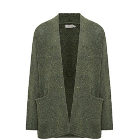 Masai cardigan in Beetle green, open-front with patch pockets and flecked wool-blend knit fabric