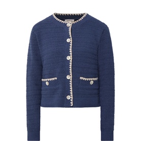 Masai Dress Blue knitted cardigan with cream trim, decorative buttons, and front patch pockets