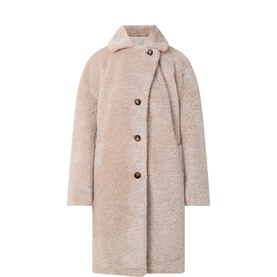 Masai fog teddy coat in textured borg fabric, single-breasted with brown buttons and draped collar detail