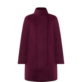 Masai Tholren Longline Coat in burgundy with high neck, concealed zip, button fastenings and long sleeves, 50% wool blend