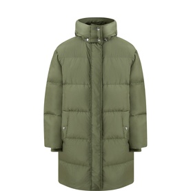 Masai olivine puffer coat with high collar, zip fastening, and mid-length silhouette in quilted polyester