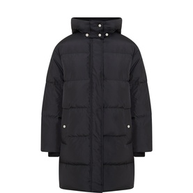 Masai black quilted longline puffer coat with high collar, snap-button fastenings, and front patch pockets