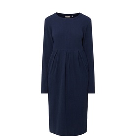 Masai Dress Blue long-sleeve midi dress with round neck, gathered waist detail and relaxed fit in cotton blend fabric.