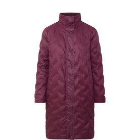 Masai burgundy quilted longline coat with chevron pattern, high neck, and zip fastening