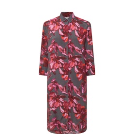 Masai Tibetan Red floral print shirt dress in 100% viscose, featuring a collared neckline, button front, and three-quarter sleeves