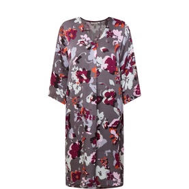 Masai Fig floral print midi dress in 100% viscose, V-neck, three-quarter sleeves, relaxed fit in grey and burgundy blooms