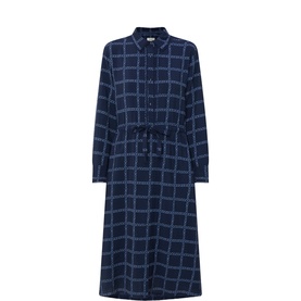 Masai dress in Quiet Harbour navy check print, long sleeves, shirt collar, tie waist, midi length, viscose blend
