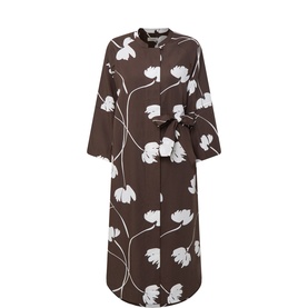 Masai Slate Black floral print midi dress with 3/4 sleeves, tie waist belt, and white tulip pattern on lyocell-linen blend