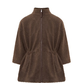 Masai Jacket in Slate Black, textured boucle-style fabric, zip-front fastening, high neck, drawstring waist, 3/4 sleeves