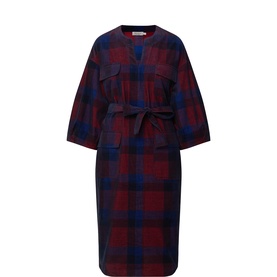 Masai dress in dress blue red tartan check, belted waist, chest patch pockets, relaxed 3/4 sleeves, midi length, 100% cotton