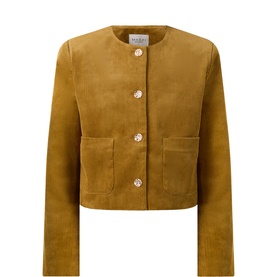 Masai Jacket in Medal Bronze, cropped cotton style with collarless neckline, jewel buttons, and two front patch pockets