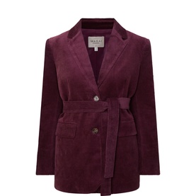 Masai burgundy corduroy belted jacket with notch lapels, patch pockets, and single button fastening