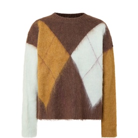 Masai knitwear in slate black with argyle diamond pattern, fluffy mohair-wool blend, crew neck, long sleeves