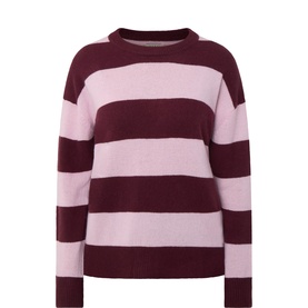 Masai burgundy and pink wide stripe 100% wool crew neck jumper with long sleeves, flat lay view