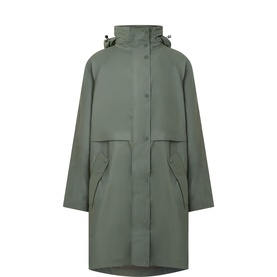 Masai raincoat in Beetle green with detachable hood, front button placket, and large patch pockets