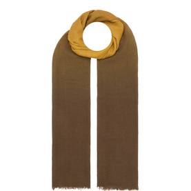 Masai scarf in Medal Bronze with mustard yellow ombre effect, frayed edges, lightweight woven fabric, displayed flat in looped style