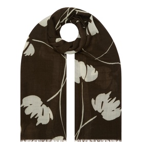 Masai slate black wool scarf with oversized cream floral print and frayed edges, displayed looped flat