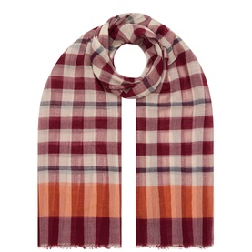 Masai scarf in Tibetan Red, wool check pattern with orange stripe border and frayed edges, draped in a loop