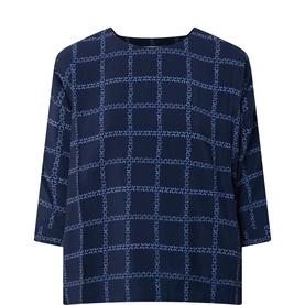 Masai Top in Quiet Harbour navy, chain-link check print, three-quarter sleeves, relaxed boxy fit, scoop neckline