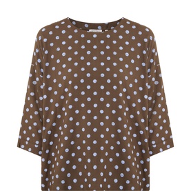 Masai top in Slate Black with blue polka dot print, 3/4 sleeves, relaxed fit, and round neckline. 100% viscose.