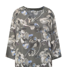 Masai Top in Beetle, floral print with blue, grey and cream blooms, three-quarter sleeves, relaxed fit, 100% viscose