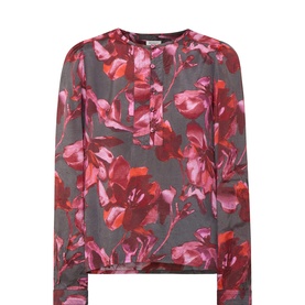 Masai Top in Tibetan Red, grey and pink large floral print, collarless neckline, long sleeves, relaxed fit, 100% viscose