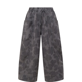 Masai Frost Grey lyocell wide-leg cropped trousers with tonal floral print, elasticated waist and drawstring tie