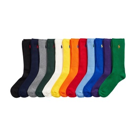 Ralph Lauren 12-Pack Polo Player Logo Sock Gift Set in multi, ribbed crew socks in 12 colours with embroidered Pony logo