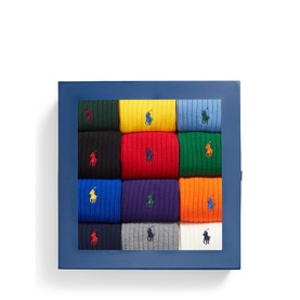 Ralph Lauren 12-Pack Polo Player Logo Sock Gift Set in multi colours, presented in a navy blue gift box with embroidered Pony logo on each sock