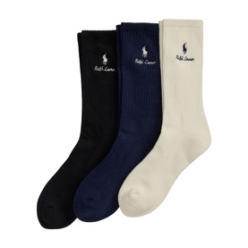 Ralph Lauren Socks Multi Pack in cream, navy and black, ribbed crew length with embroidered Polo Pony logo, set of 3