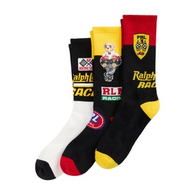 Ralph Lauren Racing Socks Multi Pack in multi, three-pack featuring Polo Bear, RLX branding in black, white and yellow colourways