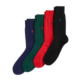 Ralph Lauren Socks Multi Pack in navy, green, red and black ribbed crew socks with embroidered pony logo, set of 4