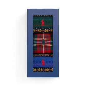 Ralph Lauren Black Multi Socks Multi Pack in navy gift box, featuring tartan and Fair Isle patterns with embroidered Polo Pony logo