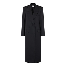 Rohe Double-Breasted Tailored Coat in black wool with peaked lapels, structured shoulders, and floor-length silhouette.