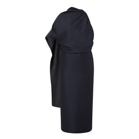 Rohe Cape Pencil Dress in Night, midi length with asymmetric cape detail, round neckline, 50% silk blend, no model
