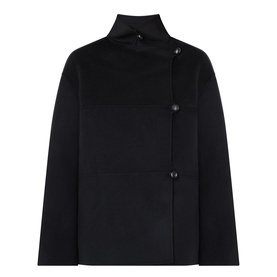 Rohe Double-Faced Asymmetric Jacket in black with funnel neck, off-centre button fastening, and wide-cut sleeves in wool-cashmere blend.