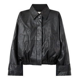 Rohe black leather jacket with elasticated hem, wide cuffs, spread collar, and concealed front fastening