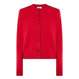 Rohe Classic Knit Cardigan in red with round neckline, dark button fastening, long sleeves, and dropped shoulders