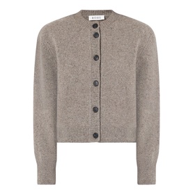 Rohe Statement Moulin&eacute; Cardigan in Dark Taupe Melange, round neck, dropped shoulders, button fastening, oversized knit structure