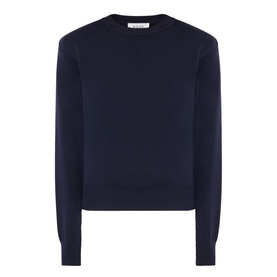 Rohe Statement Knit Sweater in navy merino wool with crew neckline, shoulder pads, long sleeves and ribbed trims.
