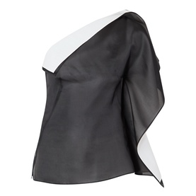 Rohe black silk one-shoulder top with draped silhouette and white contrast lapel detail
