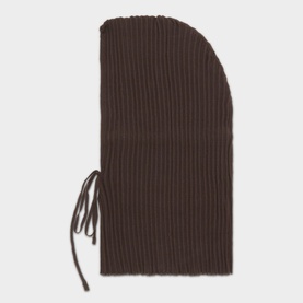Sarah Pacini brown ribbed knit balaclava hood with drawstring tie detail, one size