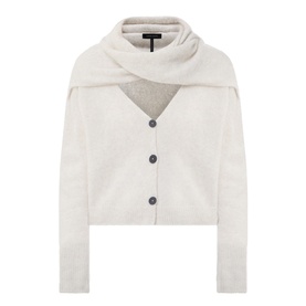 Sarah Pacini cream cardigan with attached scarf collar, button-front fastening, cropped length, long sleeves