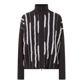 Sarah Pacini brown zip-through jacket with white textured stripe pattern, high neck, and ribbed cuffs