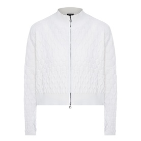 Sarah Pacini Honeycomb Knit Zip Cardigan in white, funnel neck, textured knit pattern, two-way zip, cropped boxy fit