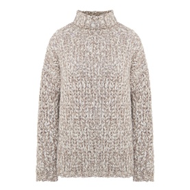 Sarah Pacini beige chunky cable-knit turtleneck sweater with marled texture and relaxed oversized fit
