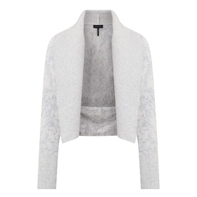 Sarah Pacini cream cropped open-front knit shrug with textured sleeves and shawl collar, one size