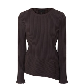 Sarah Pacini brown ribbed knit top with asymmetric hem, fluted cuffs, and crew neckline
