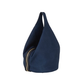 Stella McCartney Appaloosa Bucket Bag in navy faux suede with gold-tone zip hardware and single shoulder strap